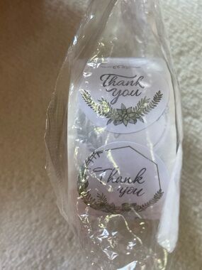 Thank You Sticker Seals - White with Green Leaf Design